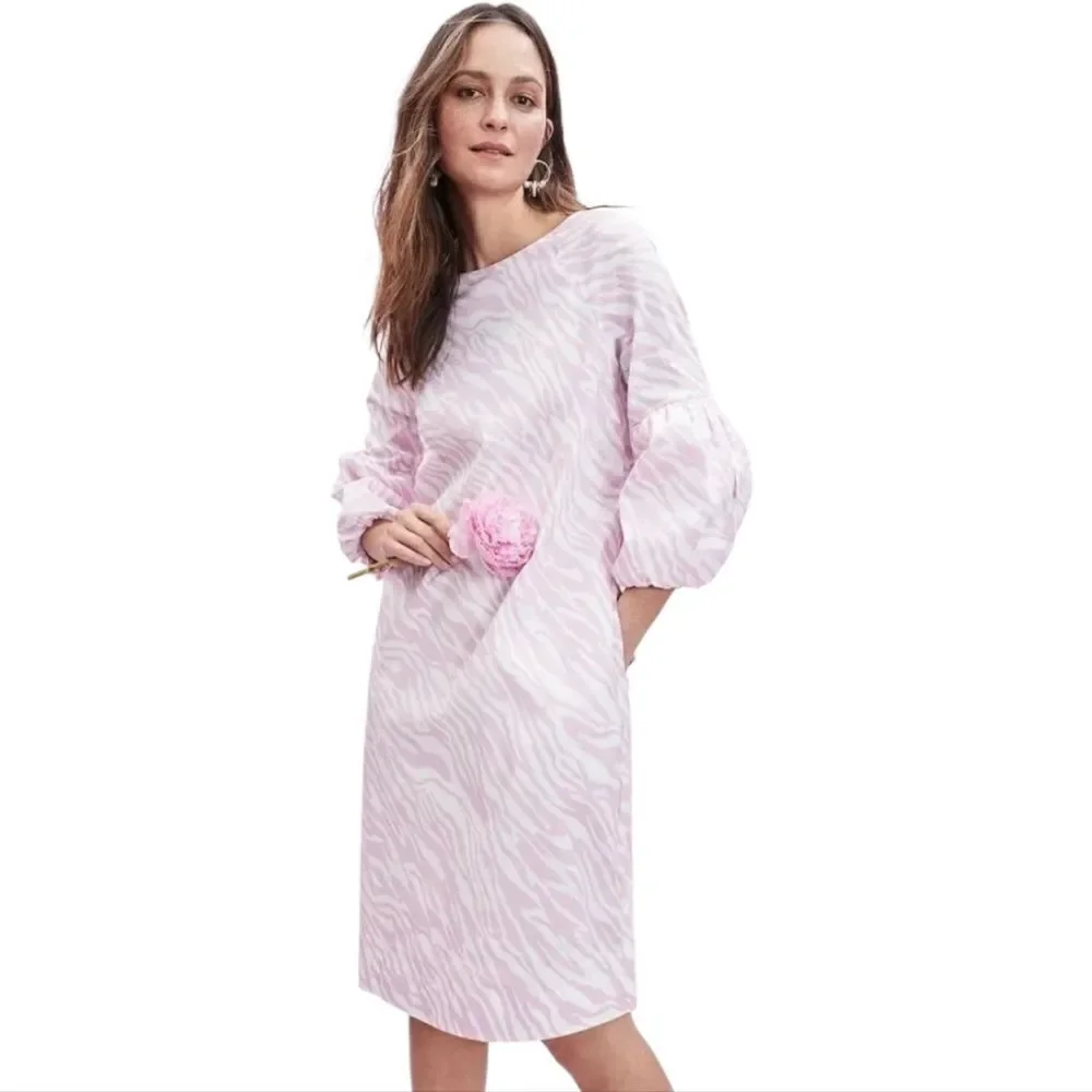 Chico's Dress Pink Zebra Print Ballon Sleeve Midi Dress Poplin Stretch NEW - Picture 2 of 16